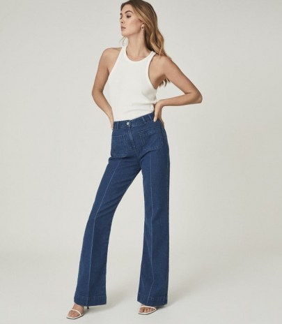 Reiss ISA HIGH RISE WIDE LEG JEANS MID BLUE | seventies inspired denim | 70s look fashion - flipped