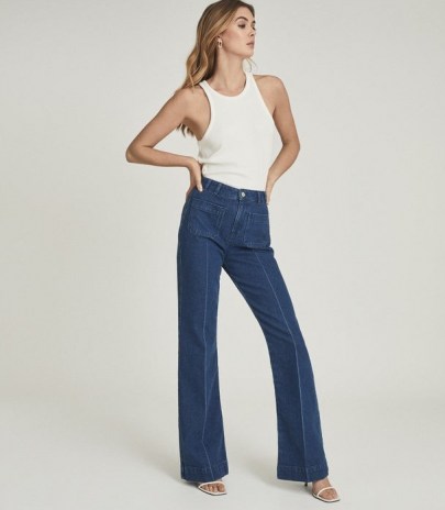 Reiss ISA HIGH RISE WIDE LEG JEANS MID BLUE | seventies inspired denim | 70s look fashion