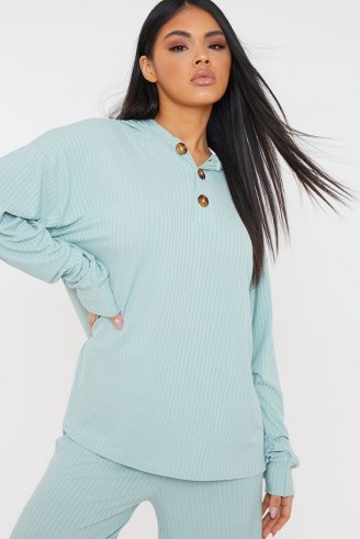 JAC JOSSA SAGE RIB HOODED TOP WITH BUTTON DETAIL ~ green casual loungewear hoodies - flipped