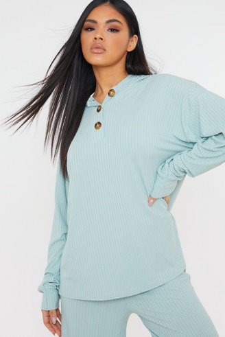 JAC JOSSA SAGE RIB HOODED TOP WITH BUTTON DETAIL ~ green casual loungewear hoodies