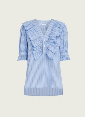 JAMOIS BLUE STRIPED COTTON BLOUSE ~ front ruffle blouses - flipped