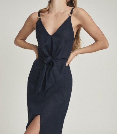 REISS KAY LINEN MIDI DRESS WITH TIE DETAIL / navy blue strappy occasion dresses with front split detail for summer 2021