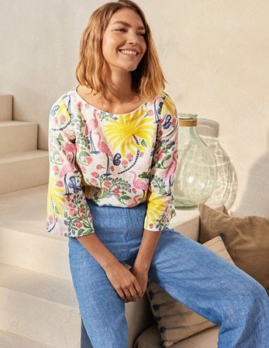 BODEN Laurie Linen Top Ivory, Tropical Charm / floral summer tops - flipped