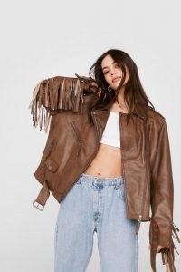 NASTY GAL Leather Belted Fringed Moto Jacket ~ chocolate brown oversized jackets