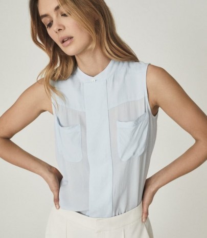 REISS LISA UTILITY SLEEVELESS BLOUSE / pale blue summer blouses with front pocket detail and a grandad neckline - flipped