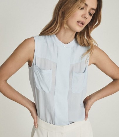 REISS LISA UTILITY SLEEVELESS BLOUSE / pale blue summer blouses with front pocket detail and a grandad neckline