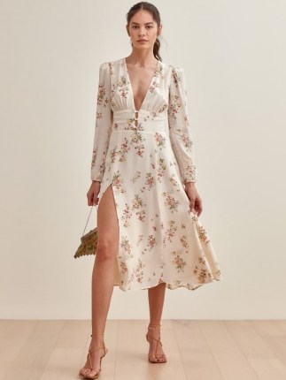 Reformation Lorne Dress | floral plunge front dresses with a thigh high split - flipped