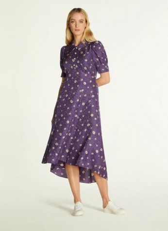 L.K. BENNETT LOTTA PURPLE DAISY SPOT PRINT SILK JACQUARD DRESS ~ floaty dip hem vintage style dresses - flipped