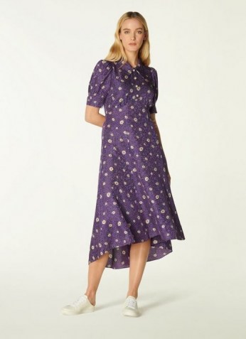 L.K. BENNETT LOTTA PURPLE DAISY SPOT PRINT SILK JACQUARD DRESS ~ floaty dip hem vintage style dresses