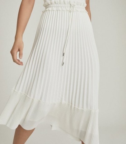 Reiss LOTTIE PLEATED MIDI SKIRT WHITE | drawcord waist summer skirts - flipped