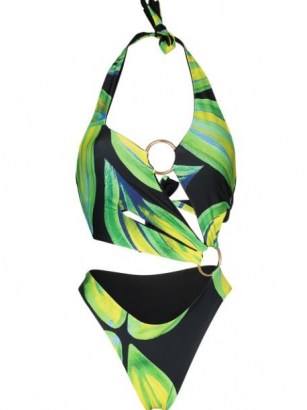 Louisa Ballou leaf-print cut-out swimsuit ~ glamorous asymmetric cutout swimsuits - flipped