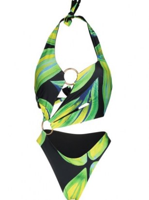 Louisa Ballou leaf-print cut-out swimsuit ~ glamorous asymmetric cutout swimsuits