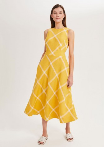 HOBBS LYDIA LINEN MIDI DRESS YELLOW / sleeveless checked fit and flare dresses - flipped