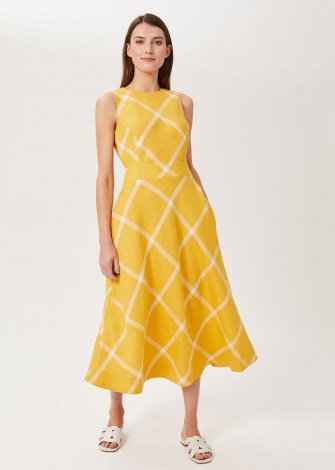 HOBBS LYDIA LINEN MIDI DRESS YELLOW / sleeveless checked fit and flare dresses