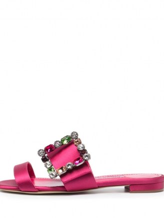 Manolo Blahnik crystal-embellished leather sandals / flat pink buckled mules - flipped