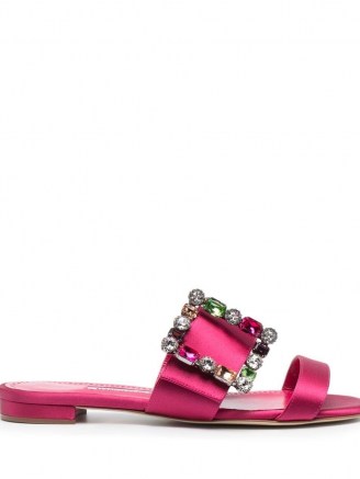 Manolo Blahnik crystal-embellished leather sandals / flat pink buckled mules