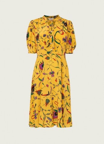 L.K. BENNETT MARCEAU YELLOW FAUVE FLORAL PRINT SILK DRESS / spring tea dresses