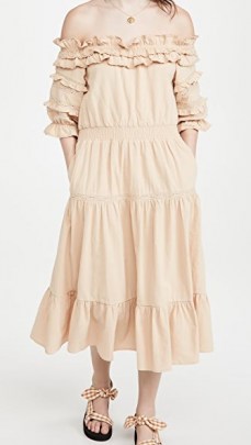 Meadows Blossom Dress – tiered dresses with ruffled bardot neckline