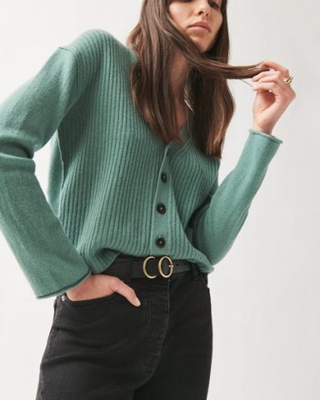 JIGSAW MERINO CASHMERE RIB CARDIGAN in Thyme ~ green ribbed V-neck button up cardigans - flipped