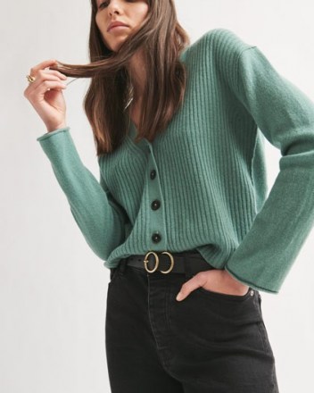 JIGSAW MERINO CASHMERE RIB CARDIGAN in Thyme ~ green ribbed V-neck button up cardigans