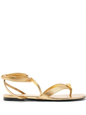 VALENTINO GARAVANI Upstud wraparound grained-leather sandals – metallic gold ankle wrap flats - flipped