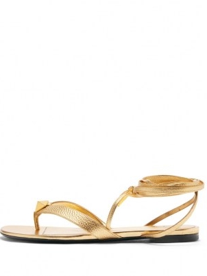 VALENTINO GARAVANI Upstud wraparound grained-leather sandals – metallic gold ankle wrap flats