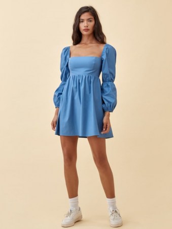 Reformation Michaela Dress | blue square neck dresses with a double puff sleeve detail