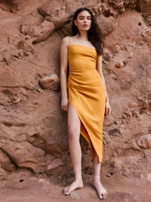 Reformation Mignon Dress in Ochre | side ruched spaghetti strap dresses - flipped