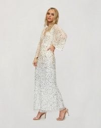 Miss Selfridge Petite maxi sequin dress with open back detail in gold / sparkling long length occasion dresses with wide sheer sleeves