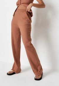 MISSGUIDED mocha co ord rib wide leg trousers ~ casual brown pants