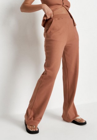 MISSGUIDED mocha co ord rib wide leg trousers ~ casual brown pants - flipped