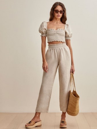 Reformation Mora Linen Two Piece | smocked puff sleeve crop tops | summer top and trouser set | fashion sets - flipped