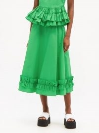 MOLLY GODDARD Morgan frilled cotton midi skirt / green ruffle hem skirts – women’s summer clothing