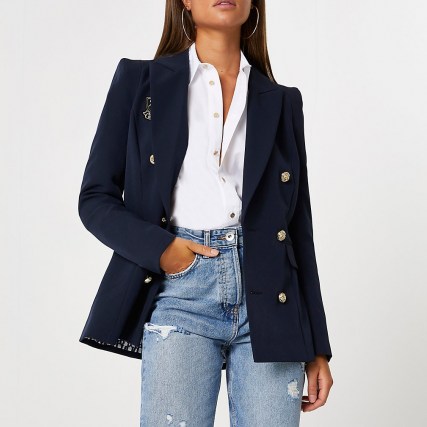 RIVER ISLAND Navy fitted double breasted blazer ~ dark blue blazers ~ chic jackets - flipped