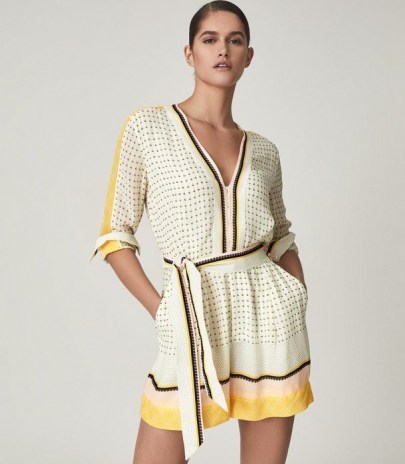 REISS NAYA SCARF PRINT PLAYSUIT YELLOW ~ chic summer playsuits - flipped
