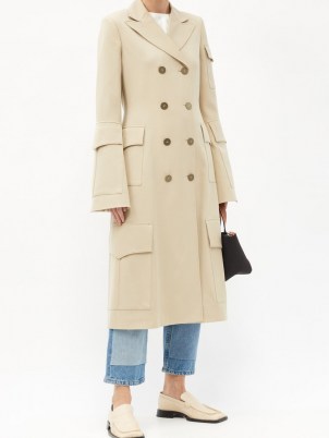 JW ANDERSON Flap-pocket double-breasted wool coat / tailored beige flared sleeve coats