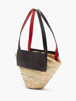 CHRISTIAN LOUBOUTIN Loubishore small leather and straw basket bag / chic logo embossed summer handbag - flipped