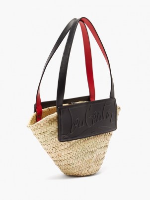 CHRISTIAN LOUBOUTIN Loubishore small leather and straw basket bag / chic logo embossed summer handbag