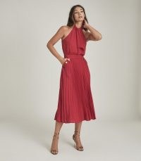 REISS NINA HALTERNECK PLEATED MIDI DRESS / pink halter neck dresses for summer occasions / occasionwear