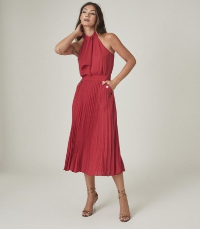 REISS NINA HALTERNECK PLEATED MIDI DRESS / pink halter neck dresses for summer occasions / occasionwear - flipped
