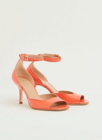 NOREEN CORAL NAPPA LEATHER FORMAL SANDALS ~ bright ankle strap peep toe shoes ~ square open toes - flipped