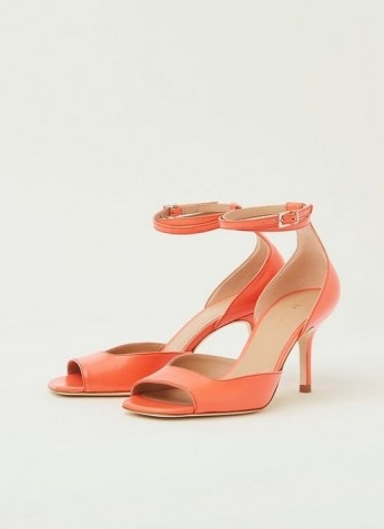 NOREEN CORAL NAPPA LEATHER FORMAL SANDALS ~ bright ankle strap peep toe shoes ~ square open toes