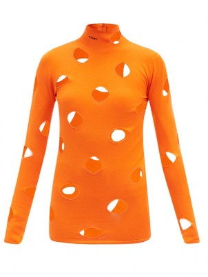 PRADA Distressed logo-intarsia sweater ~ bright orange knitwear - flipped