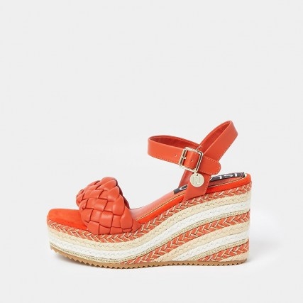 RIVER ISLAND Orange weave faux leather wedge heels / bright summer wedges - flipped