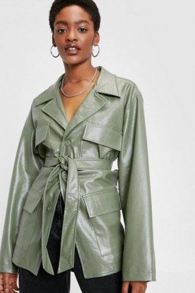 NASTY GAL Patent Faux Leather Longline Belted Jacket ~ luxe style sage-green tie waist jackets - flipped