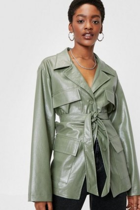 NASTY GAL Patent Faux Leather Longline Belted Jacket ~ luxe style sage-green tie waist jackets