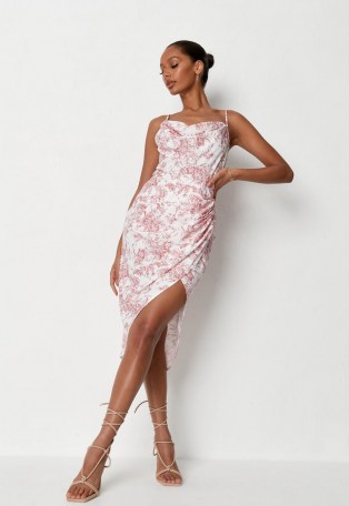 MISSGUIDED peach porcelain print cowl neck midi dress – strappy going out fashion – thigh high split hem dresses