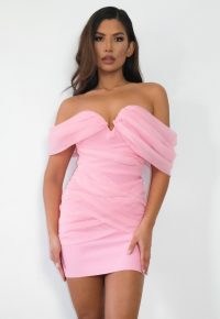 Missguided petite blush mesh bardot mini dress ~ ruched off the shoulder evening dresses with a form fitting design and plunge front neckline