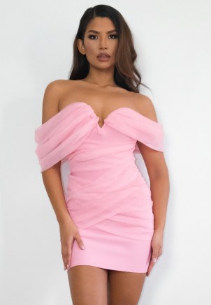 Missguided petite blush mesh bardot mini dress ~ ruched off the shoulder evening dresses with a form fitting design and plunge front neckline - flipped