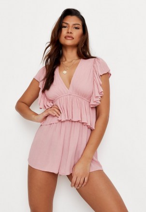 MISSGUIDED petite rose frill sleeve plunge playsuit ~ pink playsuits - flipped